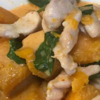 Pumpkin Curry · GAENG FAK TONG: Red curry simmered in coconut milk, kabocha pumpkin and thai basil.