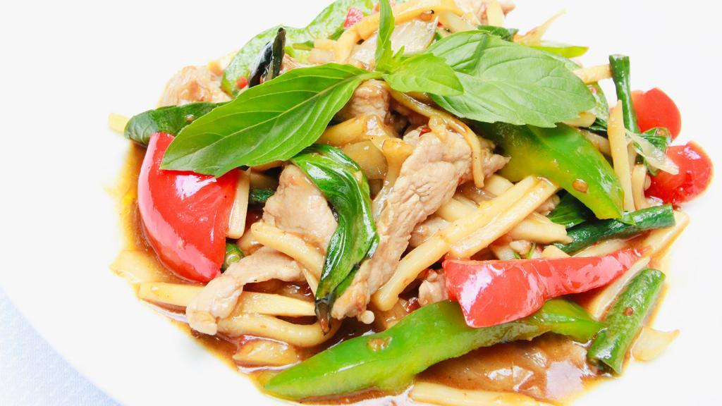 Thai Basil · PAD PHET: Mama olay's spicy sauce, mushrooms, bamboo shoots, bell peppers, long beans, onions, and thai basil.