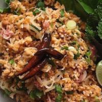 Nam Khao · CRISPY RICE SALAD: Deep fried rice balls, fermented pork sausage, peanuts, green onions, cil...