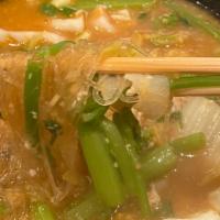 Mama Olay'S Special Lao Sukiyaki · Mama olay's sukiyaki sauce, light broth, long rice, Napa cabbage, ong choi, beef, tripe, shr...