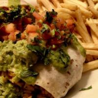 Chicken Burrito · chicken breast, jack cheese, served with pico de gallo & salsa verde. Choice of fries or salad