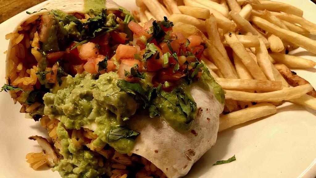 Chicken Burrito · chicken breast, jack cheese, served with pico de gallo & salsa verde. Choice of fries or salad