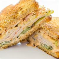 Turkish Delight · Roast turkey breast, Swiss cheese, coleslaw, guss’ full sour pickles, and comeback sauce on ...