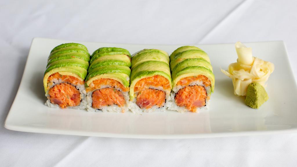 Double Dragon Roll · Spicy tuna and spicy salmon inside topped with avocado, spicy mayo and eel sauce.