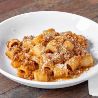 Rigatoni Ragu · A Roman classic - rigatoni mezze cooked al dente and served in our slow cooked beef ragu (gr...