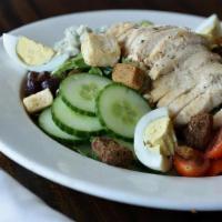 Max Cobb Salad · Grilled chicken, avocado, bleu cheese, bacon, kalamata olives, eggs, cherry tomatoes, garlic...