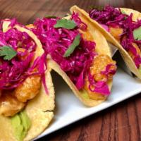 Bang Bang Shrimp Tacos · Shrimp tempura, red cabbage slaw, avocado, sriracha aioli