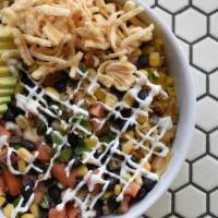 Southwestern Burrito Bowl · Choice of marinated steak, chicken or shrimp, rice pilaf, corn & black bean salsa, pico de g...