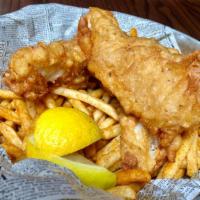 Beer Battered Fish + Chips · Lessing’s local ale battered cod, old bay fries, coleslaw, tartar sauce, vinegar