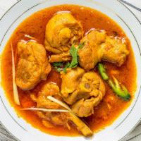 Chicken Curry · Served with basmati rice, and a can of soda.