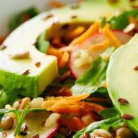 Avocado Avenue Salad · Romaine lettuce, tomato, cucumbers, corn, beans, avocado, onions, red peppers, cilantro and ...