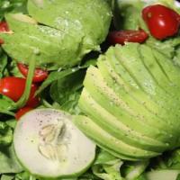 Super Green Salad With Avocado · Delicious organic blend of baby kale, spinach, chards & beet tops topped with avocado, cucum...