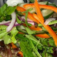 House Salad · Mixed greens, cucumbers, tomatoes, red bell peppers, shredded carrot, red onions, and balsam...