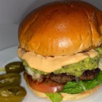 Spicy Chipotle Burger · 9oz 100% beef patty, guacamole, hot peppers, provolone cheese, red onions, lettuce, tomato &...
