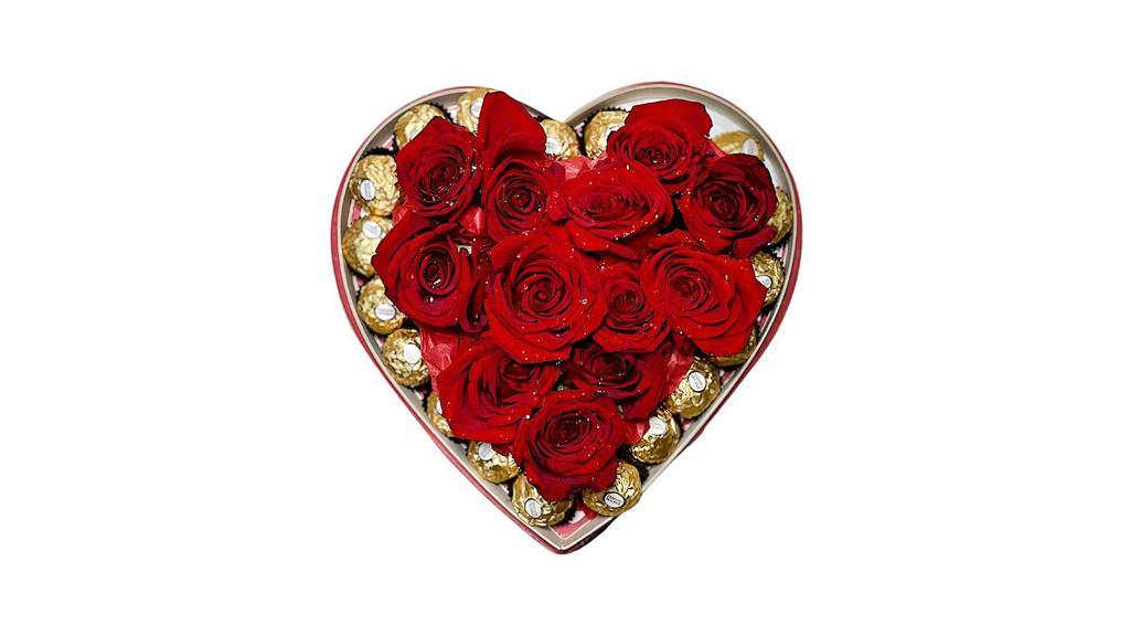 Heart Of Love · Heart shaped box, filled with red roses and Ferrero Rocher chocolates.
