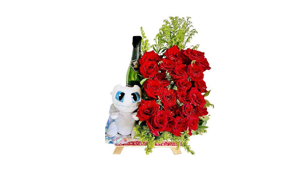 Just For You Basket · What a better way to say I love you than with 24 roses, stuffed character and bottle of wine of Champaign.
