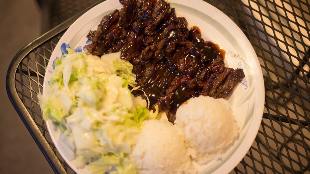 Beef Teriyaki Plate · Grilled beef with house made teriyaki sauce, side salad and rice.