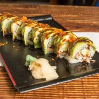 Dragon Roll · (eel, cucumber, wrapped with avocado, caviar on top) ...
