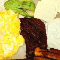 ⭐🌿Desayuno Hondureño · Two eggs any style, refried beans, Honduran imported crema, fried sweet plantains, Honduran ...