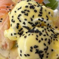Eggs Norwegian · House cured salmon, poached eggs, English muffin, Hollandaise, side salad