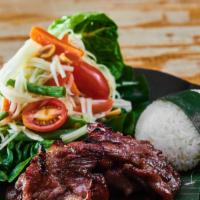 Grilled Pork With Papaya Salad  · Grilled pork marinated with bbq sauce. Green papaya, tomatoes, string beans, carrot and pean...