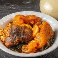 Ponded Yam, Vegetable And Goat Meat Only · 2 pieces of goat meat.
You can choose your choice of swallow. e.g Amala or Eba