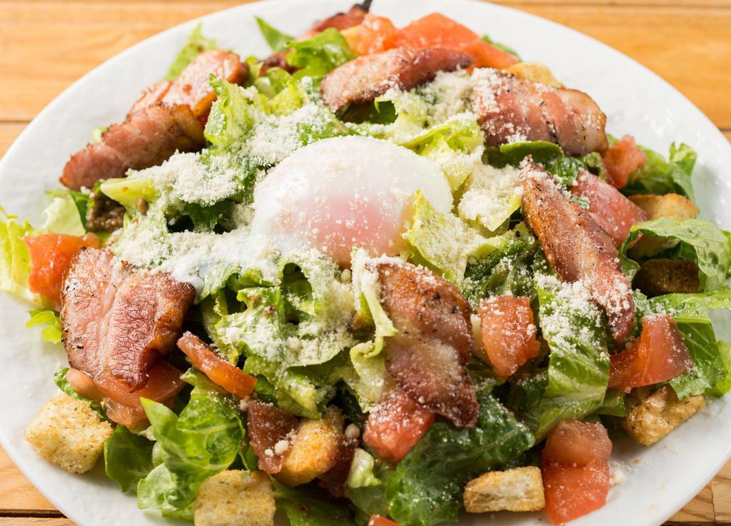 Freshly Ground Cheese Ceaser Salad · Bacon, romaine lettuce, soft-boiled egg, tomato, crouton, Romano cheese.