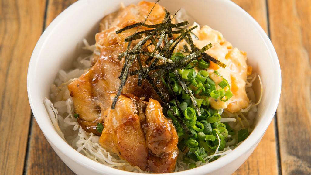 Teriyaki Chicken Bowl · Chicken, shredded cabbage, green onion, fried garlic, nor mayonnaise.