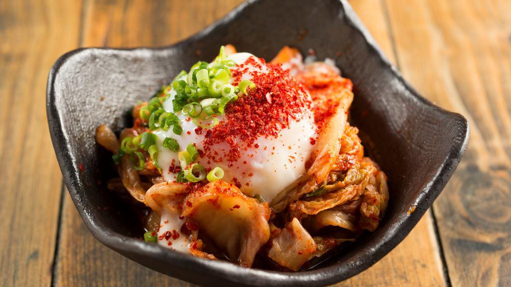 Soft Boiled Egg On Kimchi · Kimchi, soft boiled egg,  green onion, red pepper.