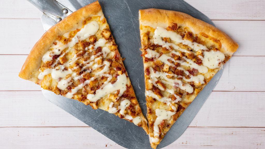 Chicken Bacon Ranch Pizza · Breaded chicken, bacon bits, dressed with ranch.