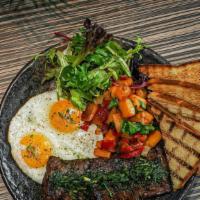 Steak & Eggs · Marinated skirt steak, 2 eggs any style,
home fries, toast, seasonal greens
