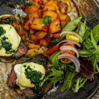 Steak Benny · Skirt steak, English muffin, poached
egg, chimichurri, hollandaise, served
with home fries, ...