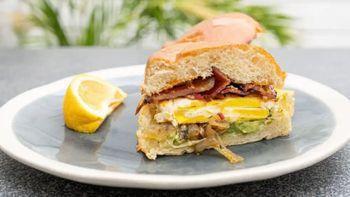 Egg Sandwich · Fried egg, sautéed Spanish onions, applewood smoked bacon, sharp white cheddar, avocado smas...