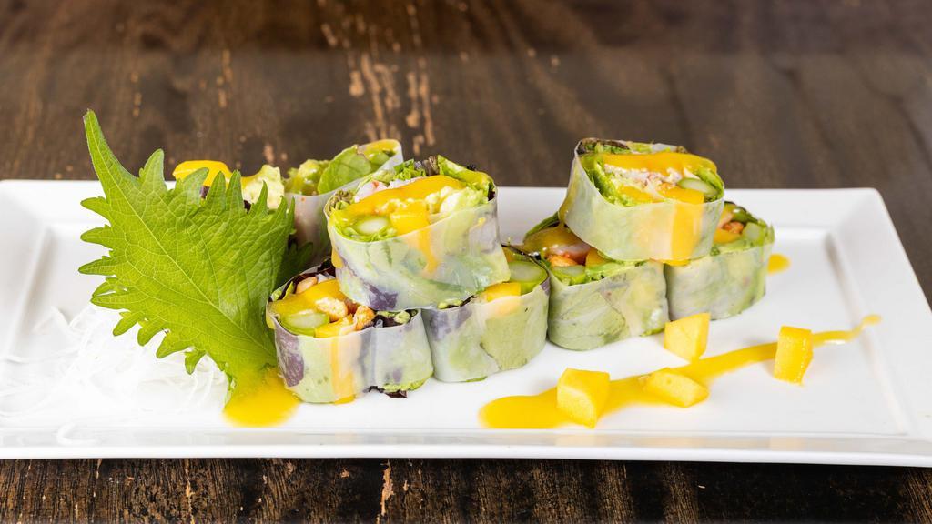 Crystal Summer Roll · Shrimp, crab stick, avocado,asparagus,spring mix and peanuts wrapped in Crystal rice paper, with mango sauce.