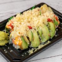 Thunder Roll · In : sp tuna, top : avocado / crunch / masago / sp mayo / eel sauce.