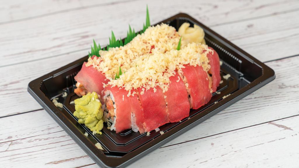Sweetheart Roll · Spicy tuna roll topped with tuna and crunch.