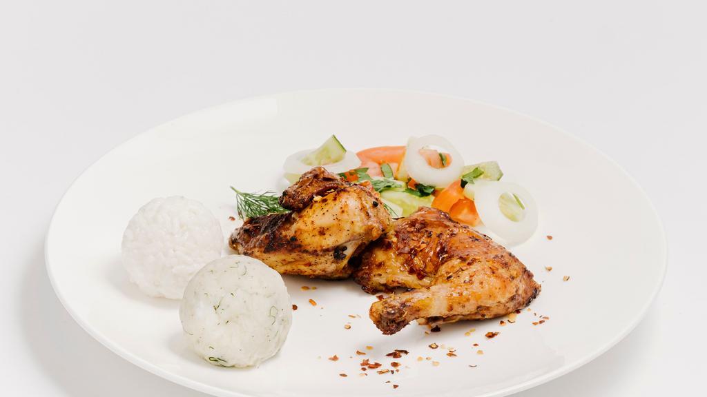 Tabaka · Marinated oven fried chicken with Georgian spices. Served with salad, rice or mashed potatoes.