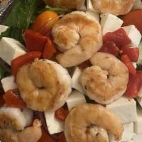 Grilled Shrimp Romaine Salad · Grilled shrimp, romaine lettuce, fresh mozzarella, roasted red peepers, tomatoes, olives, re...