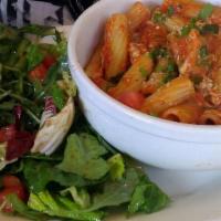 Rigatoni With Mozzarella, Tomato & Basil Lunch · Served with mixed salad and your choice of drink.
