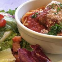 Spaghetti & Meatballs Lunch · Served with mixed salad and your choice of drink.