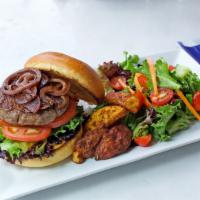 House Burger · House ground beef tenderloin, lettuce, tomatoes, balsamic pickled red onions cilantro - adob...