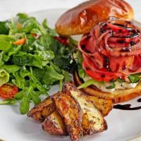 Smoked Salmon Sandwich · Smoked salmon, cream cheese, arugula, balsamic pickled red onions, tomato, drizzled with bal...
