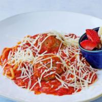 Kids Spaghetti Meat Ball · Linguine with meatballs and marinara sauce served with fruits.