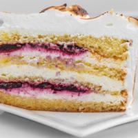 Wildberry Black Currant Cake · Light sponge honey cake with black currant sauce and fluffy cream.