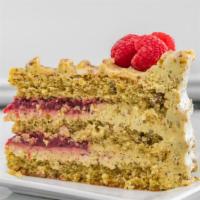 Pistachio Raspberry Cake · Cake with turkish pistachios, raspberry sauce and pistachio cream.