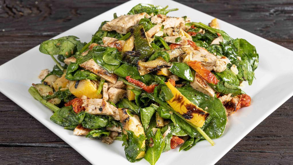 A&S Salad · Spinach, grilled vegetables, grilled chicken, sun dried tomatoes.