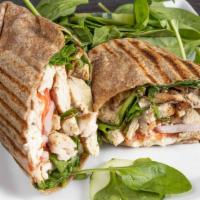 Greek Wrap · Grilled chicken, feta, baby spinach, red onion, tomato, oil and vinegar.