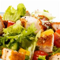 Fried Chicken Salad · Lettuce, Tomatoes, Red Onions, Cucumber & Olives with Fried Chicken Strips.