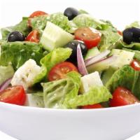 Greek Salad · Lettuce, Tomato, Red Onions, Cucumber, Kalamata Olives, Feta Cheese, Roasted Red Peppers, Or...
