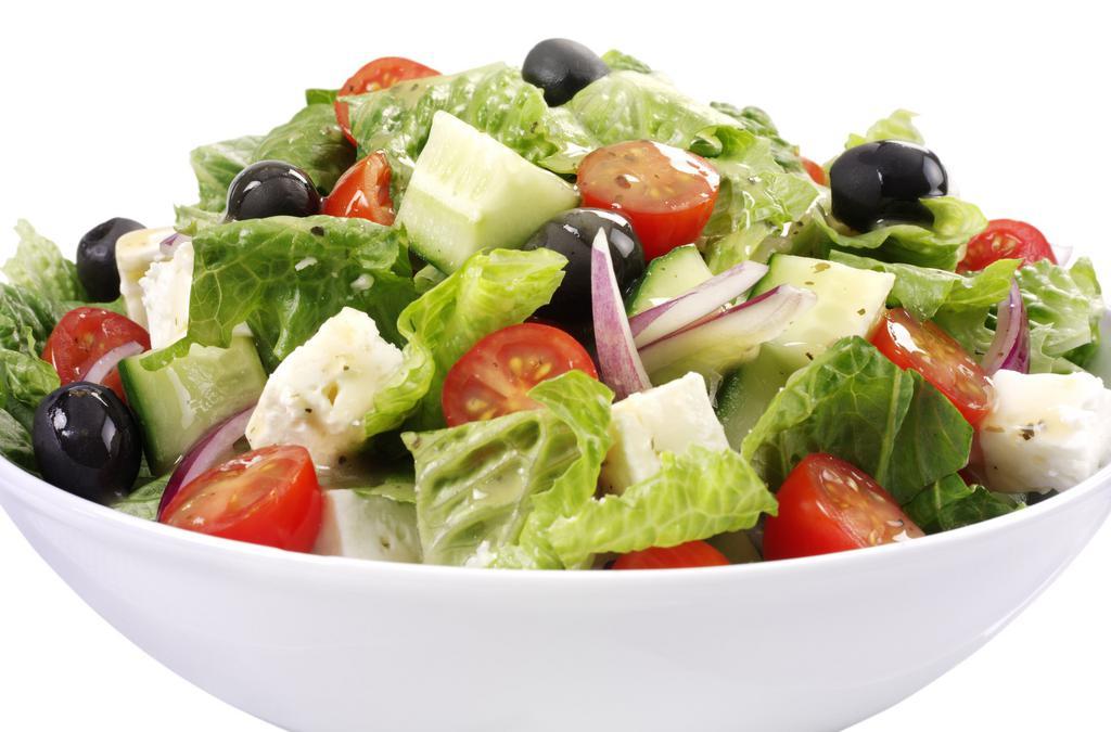 Greek Salad · Lettuce, Tomato, Red Onions, Cucumber, Kalamata Olives, Feta Cheese, Roasted Red Peppers, Oregano & Balsamic Vinaigrette.